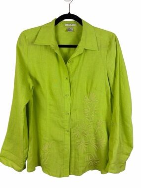 Edward Linen Shirt Medium Lime Green Embroidered Button Front Lightweight Blouse